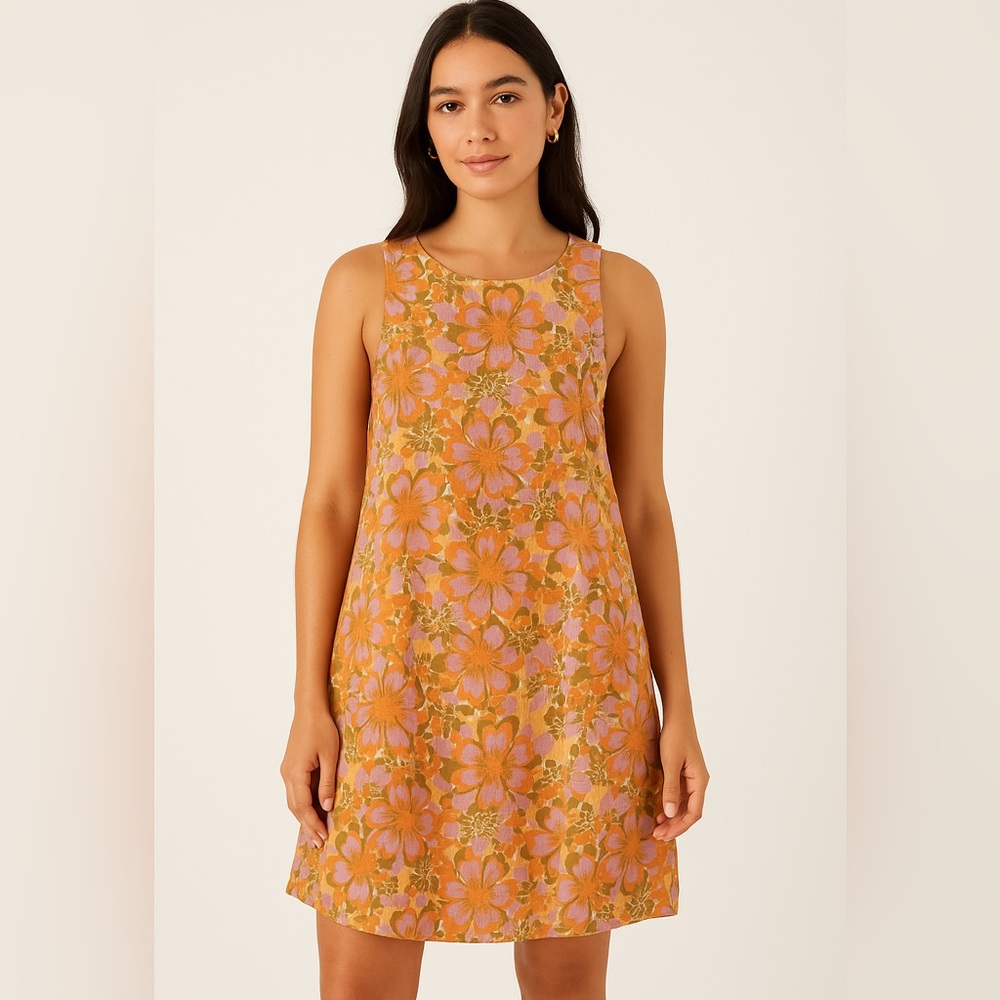 A.N.A Floral Sleeveless Shift Dress M Pink Orange Green Cotton Boho 70s Festival